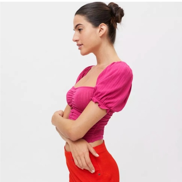 Urban Outfitters “Vienna” pointelle puff sleeve crop top size XS - Picture 1 of 8